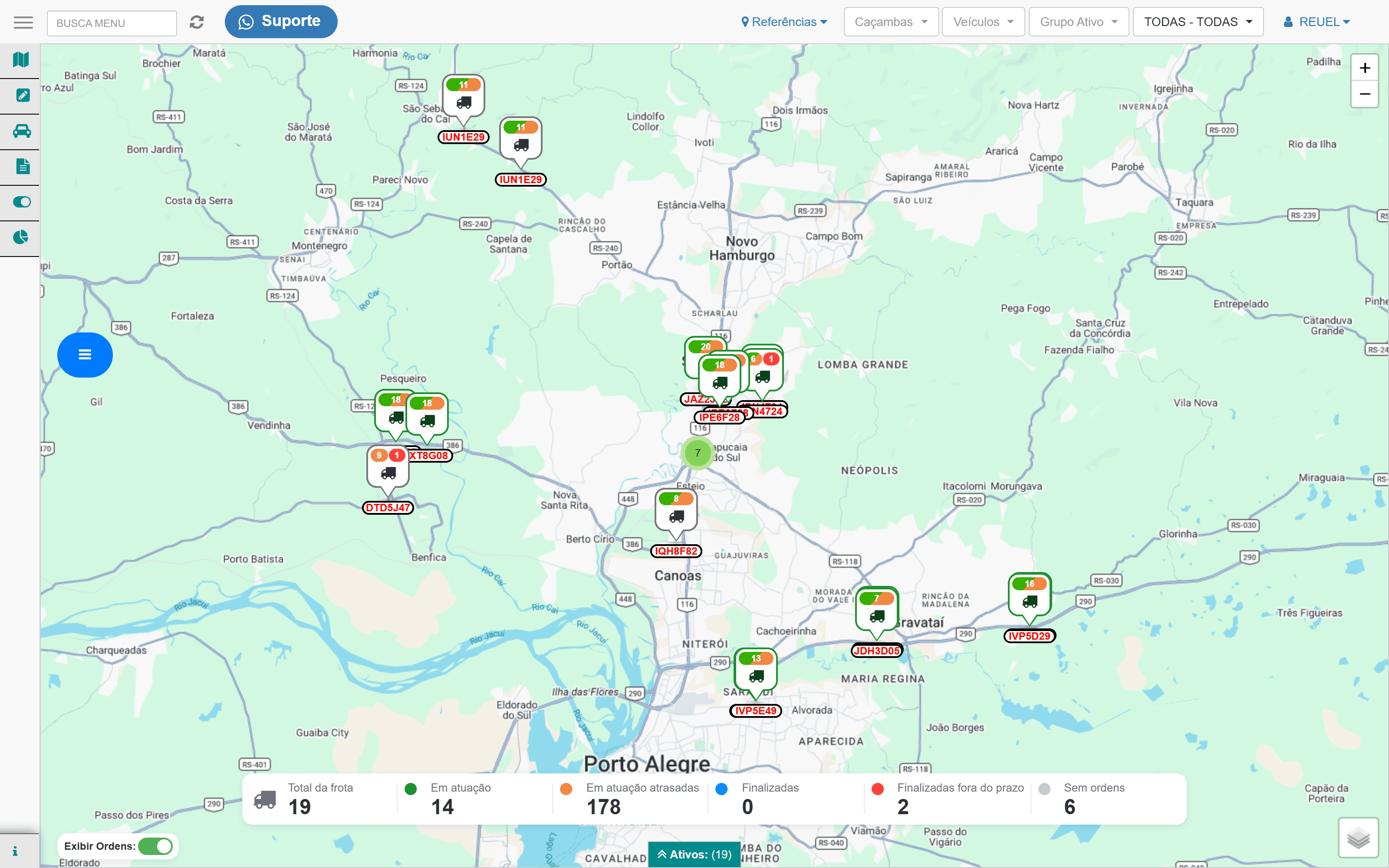 Tela do iSat exibindo o mapa de rastreamento da frota em tempo real